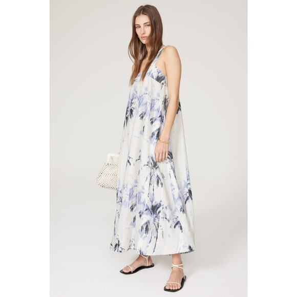 BOSS Blue Floral 100% Linen Open-Waist Square Neckline Summer Dress Size US 4 - Picture 1 of 16